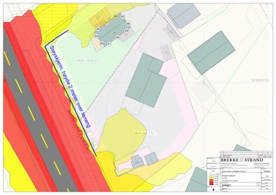 Situasjonsplan som viser støykartlegging (fargekodet støykart) og arealdata (MUA) for et byggeområde.