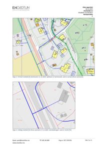 Bildet viser to kartutsnitt (VA-kart) som viser vannledningsnett, eiendomsgrenser og infrastruktur i et område.