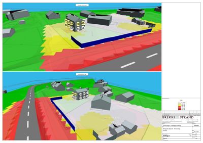Kart over et byggeområde med fargekodet terrengmodell (LH) og 3D-modell av eksisterende og planlagt bebyggelse.