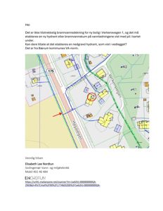 Situasjonsplan som viser vannledninger og etableringssted for en ny hydrant i Verkensvegen.