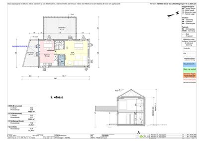 Etasjeplan for 2. etasje med romfordeling, mål og arealoppsett.