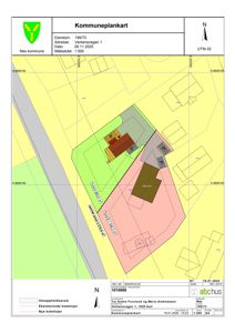 Kommuneplankart som viser eiendomsgrunn, arealbruk (uteoppholdsareal, bebyggelse), eksisterende og nye kotelinjer, samt nabolag.