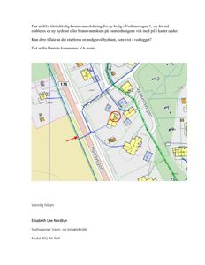 Et kart som viser vannledningsnett og tomtene i Verkensvegen 1, med pil som peker på nødvendige tiltak.