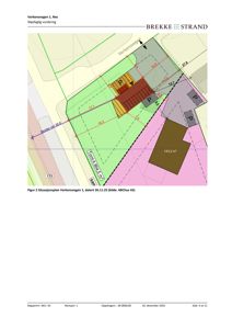 Situasjonsplan som viser tomtens grenser, areal (184,5 m²), bygningens plassering, veier (Verkensvegen, Senter vei) og parkeringsplasser (P).