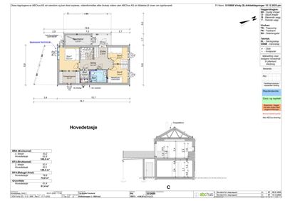 Plantegning av hovedetasjen som viser romfordeling, dimensjoner og arealoppsummering.
