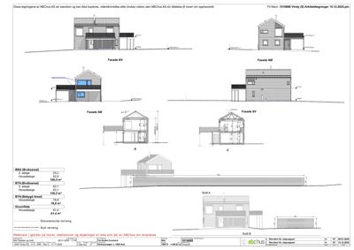 Fasadetegninger som viser bygningens utseende fra fire sider (NV, NØ, SØ, SV) samt snittegninger (A og B) og arealopplysninger.