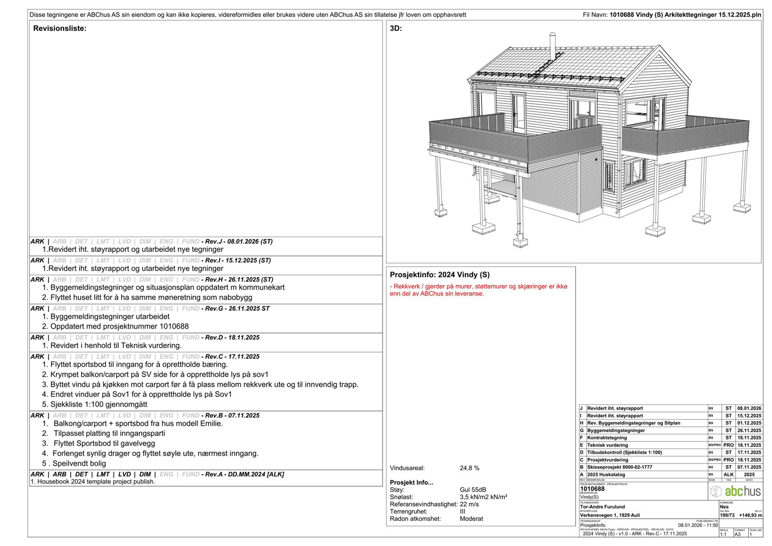 3D-visualisering (rendering) av en husmodell med etasjeplaner og teknisk informasjon.