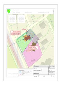 Situasjonsplan (Overvannsplan) som viser tomtens beliggenhet, bygninger, vegnett, vannløp og regnvannshåndtering.