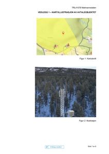 Bildet viser en fotorealistisk illustrasjon (rendering) av en telemast og en bygning i et skogområde med snødekke. Det er også inkludert et kartutsnitt over samme område.