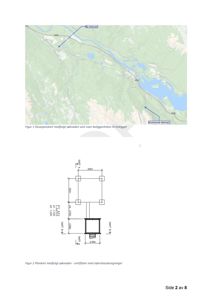 Bildet viser to tegninger: øverst en situasjonskart (Figur 1) som viser beliggenheten i forhold til nabolag og infrastruktur, og nederst en plankart (Figur 2) med dimensjoner for bygningens grunnflate.