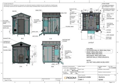 En teknisk detaljtegning som viser oppriss og snitt av en utstyrsskjul (equipment shelter) med dimensjoner, materialer og innvendig utstyr.