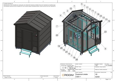 3D-visualisering av en utstyrsskjul (Equipment shelter) med eksponert konstruksjon og detaljer.