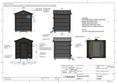 En teknisk tegning som viser utsnitt av en utstyrsskjul (equipment shelter) sett fra ulike vinkler (front, side, top/bottom), med dimensjoner, fargekode og monteringsdetaljer.