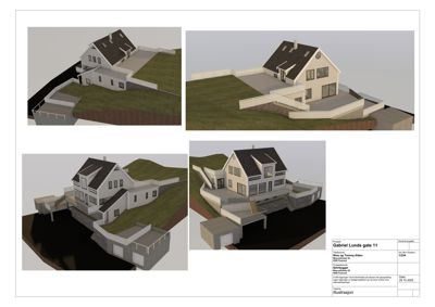 En illustrasjon (rendering) som viser en 3D-modell av en planlagt bolig med omgivelser, inkludert terreng, trapper og fasade.