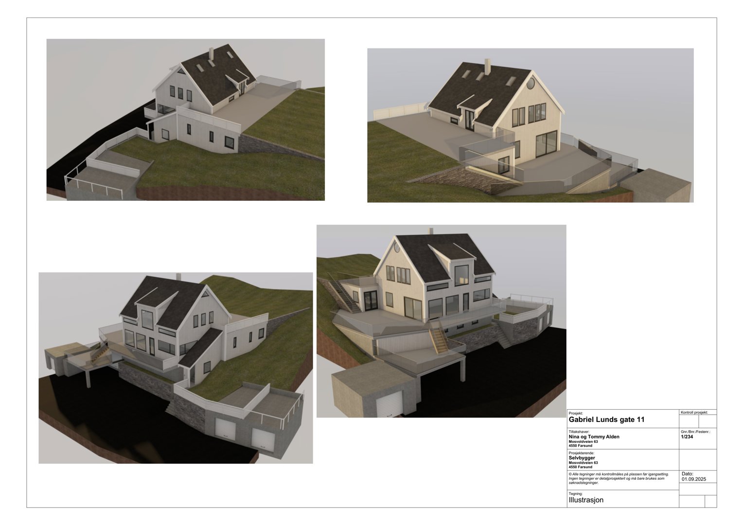 3D-visualisering (rendering) av en planlagt bolig med omgivende terreng og fasade.