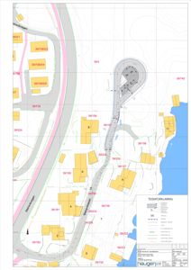 Situasjonsplan som viser tomtene, eksisterende bygninger, veier og topografi i området.