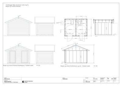 Fasadetegning og snitt av et standardisert toalettbygg med mål og detaljer.
