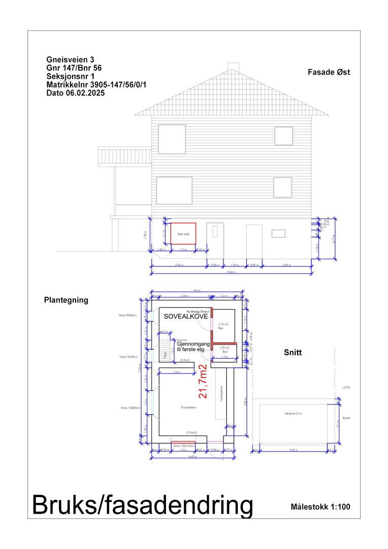 Dette bildet viser en fasadetekning (Fasade Øst) for Gneisveien 3, samt en plantegning og et snitt av samme bygning. Det er en teknisk tegning for en bruks/fasadendring.