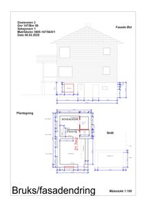 Dette bildet viser en fasadetekning (Fasade Øst) for Gneisveien 3, samt en plantegning og et snitt av samme bygning. Det er en teknisk tegning for en bruks/fasadendring.