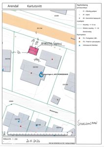 Situasjonsplan (kartutsnitt) som viser bygningers plassering, eiendomsgrenser og tomtenummer i et område.