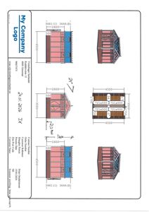 Fasadetegning med oppriss av en bygning sett fra ulike vinkler, inkludert mål og detaljer.