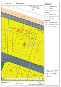 Situasjonsplan (kartutsnitt) som viser eiendomsinndeling, bygningers plassering og status for en tomt i Arendal.