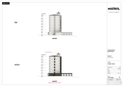 Fasadetegning som viser bygningens utseende før og etter en fasadeendring.