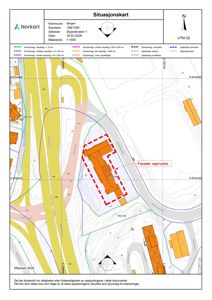 Situasjonskart som viser eiendommen med bygninger, vegger, og arealer med ulike reguleringsstatus (f.eks. 'Fasader opprustes').