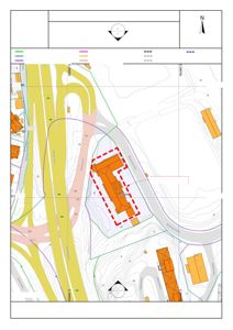 Situasjonskart som viser eiendommen med bygninger, vegger, og arealer med ulike reguleringsstatus (f.eks. 'Fasader opprustes').