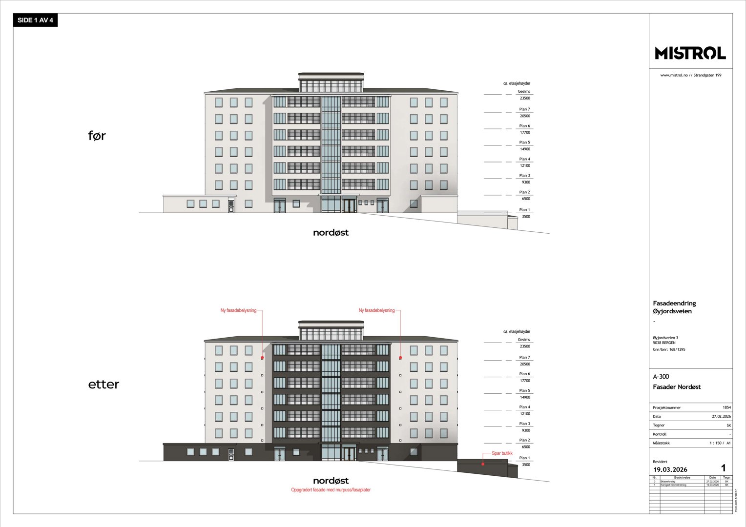 Fasadetegning som viser bygningens utseende før og etter en fasadeendring.