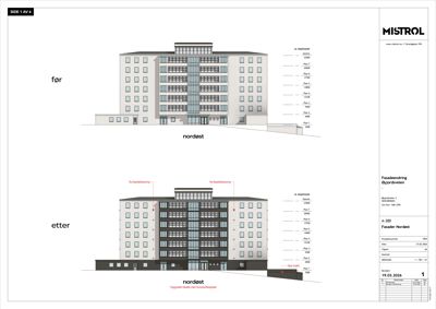 Fasadetegning som viser bygningens utseende før og etter en fasadeendring.