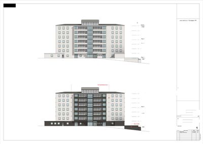 Fasadetegning som viser bygningens utseende før og etter en fasadeendring.