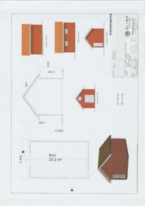 Fasadetegning som viser oppriss av en bod sett fra flere vinkler (vest, øst, nord, sør) med mål og en 3D-visualisering.