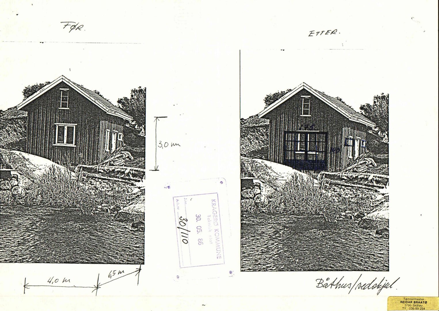 Et fotografi som viser en bygning (båthus/redskapsbygg) før og etter en endring (nytt vindu).