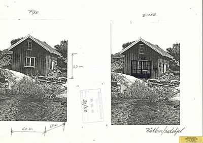 Et fotografi som viser en bygning (båthus/redskapsbygg) før og etter en endring (nytt vindu).