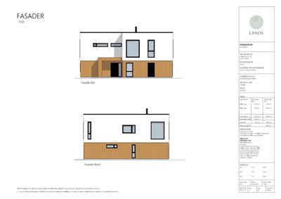 Fasadetegning som viser bygningens utseende fra øst og nord med materialvalg og mål.