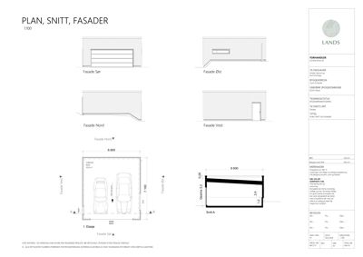Tegning som viser fasadeoppsett for en garasje (Sør, Øst, Nord, Vest) samt et snitt (Snitt A) og en situasjonsplan for 1. etasje.