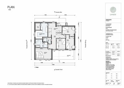 Etasjeplan (1. etasje) med romfordeling, mål og fasadeorientering.