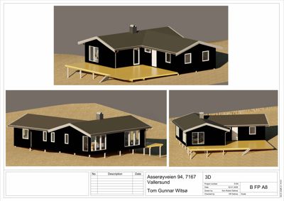 3D-visualisering av en husmodell sett fra ulike vinkler (perspektivtegninger).