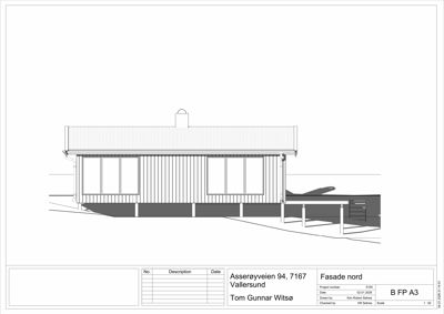 Fasadetegning (Nord) av en bygning med vinduer, tak og grunnmur.