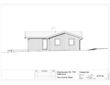 Fasadetegning (opprikk) av bygning sett fra sør.