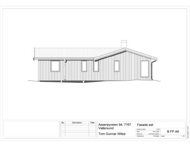 Fasadetegning (opprikk) av en bygning sett fra øst.