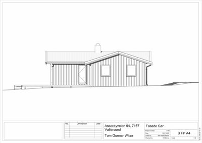 Fasadetegning av en bygning sett fra sør (Fasade Sør). Tegningen viser takform, vinduer, dører, takrenner og grunnmur.