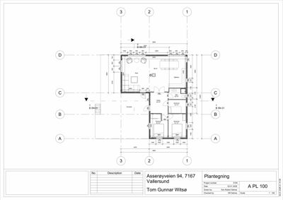 Etasjeplan (plantegning) som viser romfordeling, dimensjoner og møblering for en bolig.