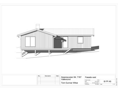 Fasadetegning (opprikk) av en hytte med skråtak og vinduer.