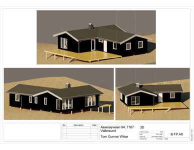 3D-visualisering (rendering) av en husfasade sett fra ulike vinkler.