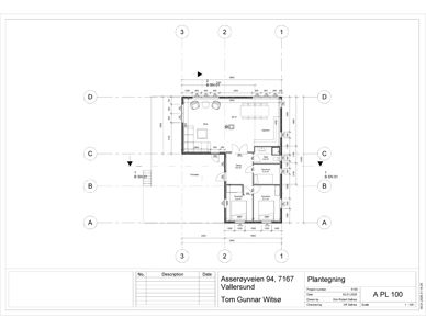 Etasjeplan (plantegning) som viser romfordeling, dimensjoner og plassering av dører og vinduer for en bolig.