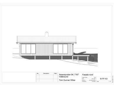 Fasadetegning (opprikk) av bygning sett fra siden, med tegningsnummer B FP A3.