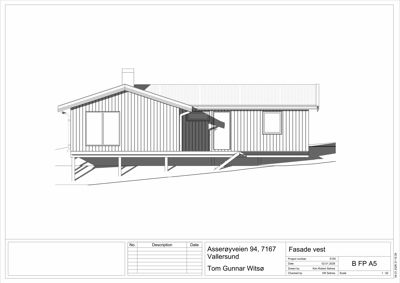 Fasadetegning (vest) av en hytte med vinduer, dør og takkonstruksjon.