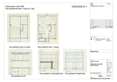 Bildet viser en samling tegninger fra en byggesak, inkludert etasjeplaner (U.etasje og 1.etasje) og snittegninger. Disse er sentrale dokumenter for å forstå romfordeling og konstruksjon.